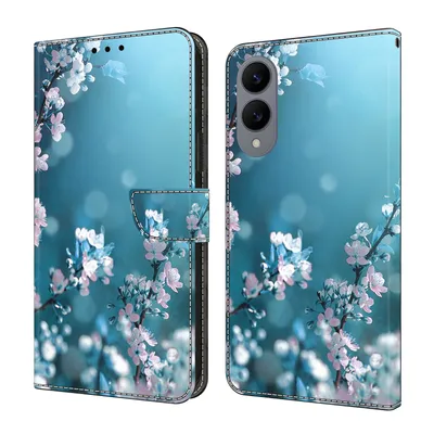 Produktbild von CLM-Tech Handyhülle kompatibel mit Samsung Galaxy S25 Edge Hülle - Tasche aus Kunstleder - Klapphülle mit Ständer und Kartenfächern - Schutzhülle Wallet Case Cover Pflaumenblüte blau