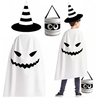 Halloween Geisterkostüm für Kinder, 3-teilig mit Hut und Tasche