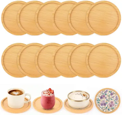 Productafbeelding van Ronde onderzetters van bamboe - Set van 12 - 9,5 cm - Mozaïek met rand - Onderzetters van hout voor dranken - Kopjes - Glazen