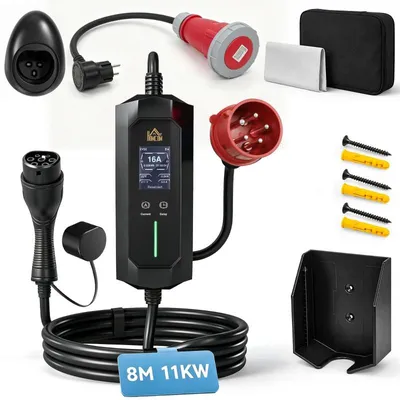 Produktbild von Mobile Wallbox 11 kW, 8 m Typ-2-Ladekabel mit CEE-Stecker, 6–16 A einstellbar, LCD & Timer für Elektroauto und PHEV