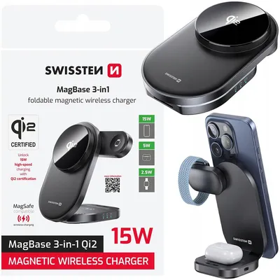 Zdjęcie produktu dla Ładowarka bezprzewodowa SWISSTEN MagPuck Qi2 15 W kompatybilna z MagSafe