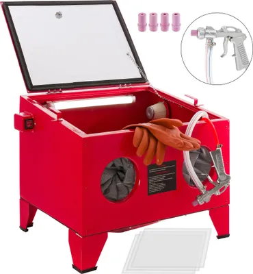 Produktbild von AREBOS  Sandstrahlkabine 90 Liter Kompressor-Zubehör inkl. Strahlpistole mit 4 Keramikdüsen  Arbeitshandschuhe  Sichtfenster + 5 Ersatzfolien