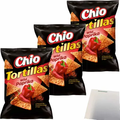 Produktbild von Chio Tortillas Chips Wild Paprika 3er Pack (3x110g Packung) + usy Block