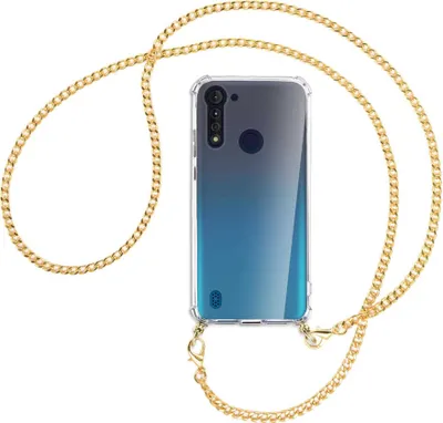 Produktbild von Handykette Backcover-Schutzhülle mit Band (Metall goldfarben) für Motorola Moto G8 Power Lite - goldfarbene Kette