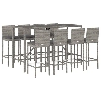 Image de vidaXL Ensemble bar de jardin 9 pièces avec coussins Gris Poly rotin