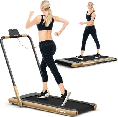 Produktbild von COSTWAY 2 in 1 Laufband mit APP & Fernbedienung | Bluetooth | 1-12 km/h | LED Display | Handyhalterung | klappbar | bis 120 kg belastbar Gold