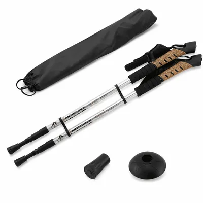 Produktbild von MidGard Nordic Walking Stöcke Teleskop Antischock Wanderstöcke aus Aluminiumlegierung mit Korkgriff & Dämpfung verstellbar in der Länge 70-135 cm Silber