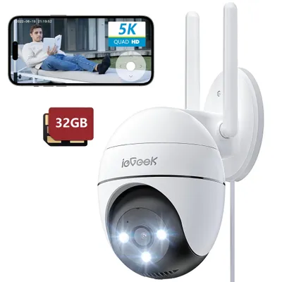 Image de Caméra de surveillance extérieure Wi-Fi Geek 5 MP, caméra IP avec PTZ, audio bidirectionnel, enregistrement 24 h/24, 7 j/7, IP65, vision nocturne couleur, alarme, 32 Go