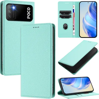 Produktbild von Litchi Leder Handyhülle für Xiaomi Poco M3/Redmi 9T Wallet Kartenfächer Standfunktion Hülle Türkis