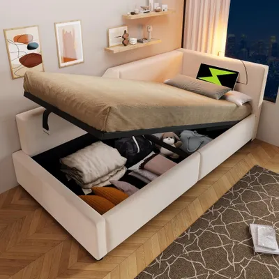 Produktbild von Polsterbett 90x190cm Tagesbett mit hydraulischem Stauraum, USB-C-Ladefunktion und Leselampe, Samt in Beige, Jugendbett mit Holzlattenrost