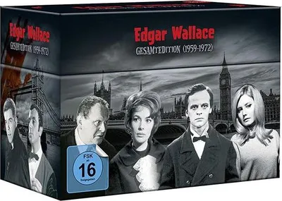 A box set of Edgar Wallace films from 1959-1972, featuring actors in front of a London skyline.