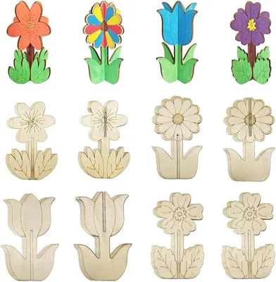 Imagen del producto de Decoraciones de madera tridimensionales – Set de 40 – Manualidades de madera en 3D con motivos florales, ideales para la primavera y proyectos de bricolaje