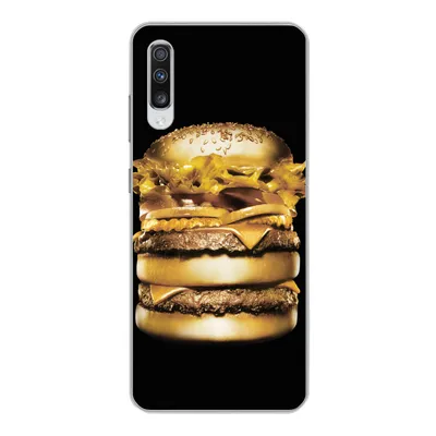 Produktbild von MuchoWow® Handyhülle Schutzhülle Hülle für Samsung Galaxy A70 Goldener Hamburger auf schwarzem Hintergrund. Silikon Softcase Handy Hülle - Schutzhaube