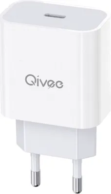 A white USB-C power adapter with the brand logo 'Qivee' printed on it.