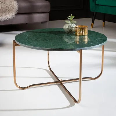 Produktbild von cagü: Design Couchtisch [FLORENTIN] Grün aus Marmor mit Gold Gestell 62cm Ø Rund