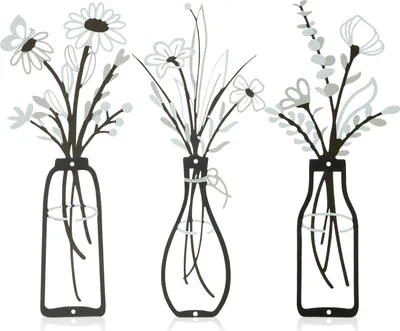 Produktbild von OKWISH Wandskulpturen 3er Set, Wanddekoration Metall, Blumen Wanddeko, Metall Wandvase mit Blumenmotiv, Herz & Blumen Wandkunst, Modern & elegant, Schwarz