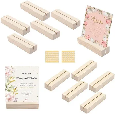 Imagen del producto de Soporte de madera para tarjetas, juego de 10 unidades. Soportes de madera para tarjetas, 5 verticales y 5 inclinados, ideales para fotos, postales, bodas, menús, banquetes, fiestas y eventos