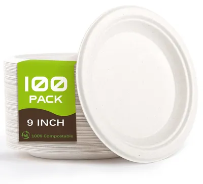 Obrázek produktu pro 100 jednorázových talířů vyrobených z cukrové třtiny, biologicky rozložitelných