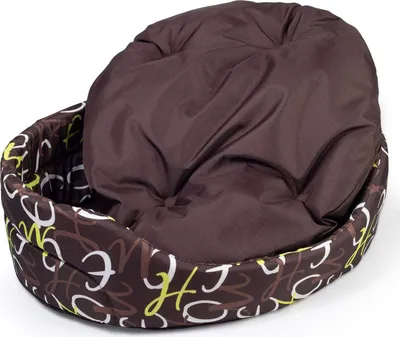 A brown oval dog bed with a patterned exterior and a plush brown cushion inside, shown on a white background.