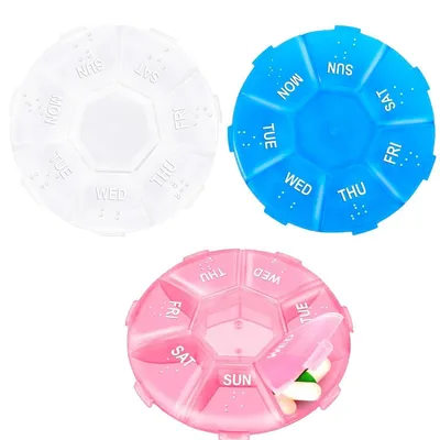 Image de Boîte de pilules pour 7 jours, petite, ronde, portable, pour vitamines et compléments alimentaires (lot de 3)