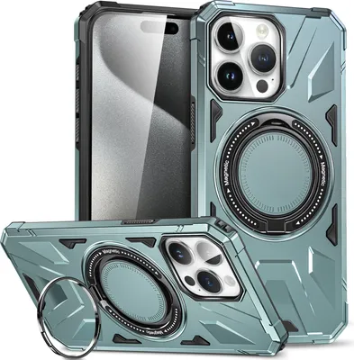Produktbild von Hülle für iPhone 15 Pro Kompatibel mit MagSafe, Dual Layer Robuste Schutzhülle, Magnetischer Ringständer Grün