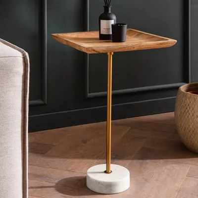 Immagine prodotto di WOHNLING Tavolino in legno massiccio di mango in vero marmo 35x35x55 cm Tavolino Piccolo Tavolino Quadrato da Soggiorno Tavolo Divano Moderno Tavolo Divano
