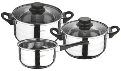 Produktbild von Ein 5-teiliges Kochgeschirr-Set aus Edelstahl mit Glasdeckeln