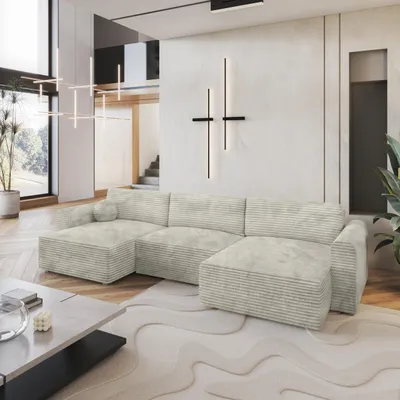 Produktbild von Masseno Ecksofa FENTO mit Schlaffunktion U-Form, Sofa mit Bettkasten, Wohnzimmersofa, Couch, Soffa, Bettsofa, Couchgarnitur- Hellgrau, TILIA 83