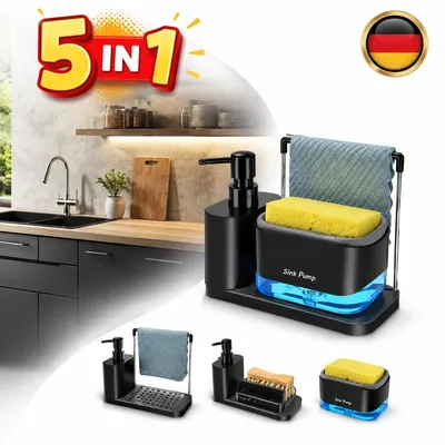 Produktbild von Küchenspüle Seifenspender Set 5-in-1 Doppel-Pumpflaschen mit Schwammhalter und