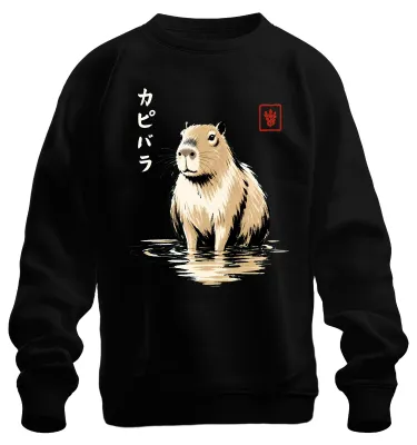 Productafbeelding van Capibara, waterzwijn, Japan, Katakana, Sumi-e kunst, knaagdier, sweatshirt, trui, zwart, maat S