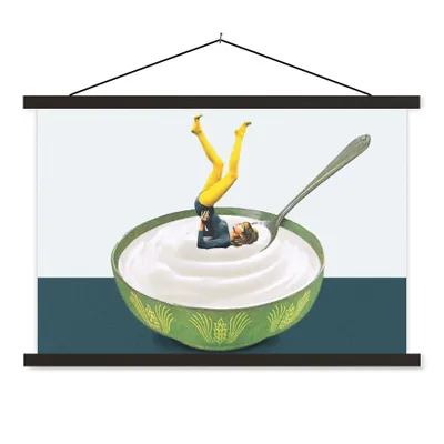 Produktbild von MuchoWow® Textilposter Joghurt - Yoga - Retro 120x80 cm mit schwarzem Rahmen - Wanddeko