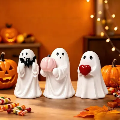 Produktbild von 3 Stück Geister Figuren, Harz Geisterfigur Ornament, Geist Tischdeko mit Herz Fledermaus Kürbis, Geister Herbst Dekoration Statue Halloween Dekoration Für Tisch Herbstdeko