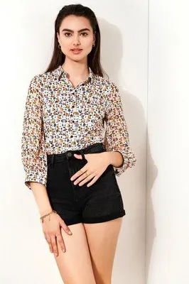 Produktbild von Damen Bluse langärmlig mit klassischem Kragen und Wappen-Design, bunt
