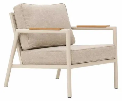 Immagine prodotto di Poltrona da salotto moderna, color beige, con braccioli in legno, ideale per giardino o terrazza