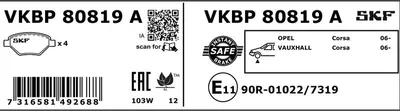 Produktbild von SKF Bremsbelagsatz, Scheibenbremse Vorne VKBP 80819 A