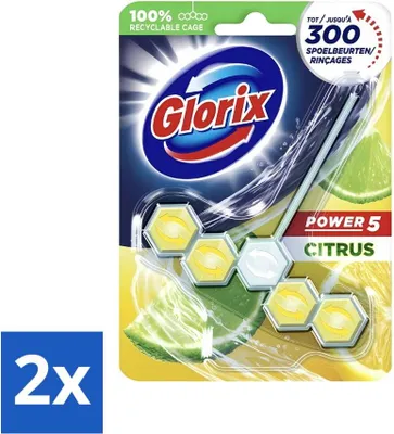 Produktbild von Glorix Toilettenblock - Power 5 - Zitrone - Zitronenfrisch & Hygienisch - 55 g - Vorteilspack - 2 Stücke