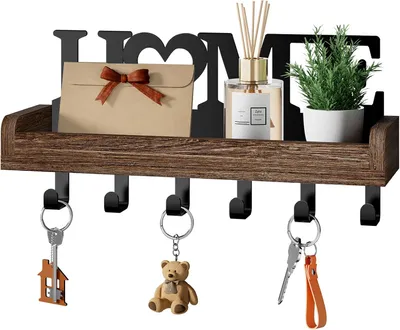 Image de Porte-clés avec 6 crochets et étagère en bois, à fixer au mur, idéal pour l'entrée et le couloir