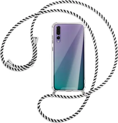 Produktbild von Handykette Backcover-Schutzhülle mit Band (Metall silberfarben) für Huawei P20 Pro - schwarz/weiß gestreift