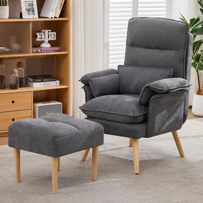Produktbild von okwish Relaxsessel mit Armlehnen und Rückenlehne, Posterstuhl mit Fußhocker,Lesesessel mit 5-fach verstellbarer Rückenlehne, Für Wohnzimmer,Grau