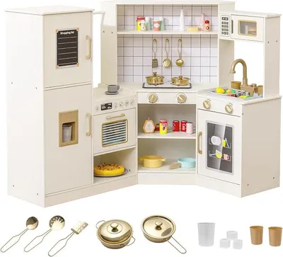 Imagen del producto de Cocina de juguete de madera, cocina de esquina con grifo de circulación de agua, dispensador de hielo y accesorios de cocina. Incluye: horno, microondas, lavavajillas. Cocina de juguete para niños a partir de 3 años