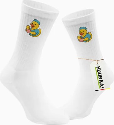 Produktbild von Huuraa Uni Socken Quietscheente Hebamme Comic Gummiente 42/46 White Baumwolle Tennissocken Geschenkidee