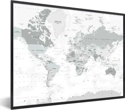 Produktbild von MuchoWow® Gerahmtes Poster Weltkarte - Weiß - Grau - Erde 40x30 cm - Poster mit Schwarzem Bilderrahmen Wandposter Rahmen Foto Bilder - Kunstposter - Wanddekorationen