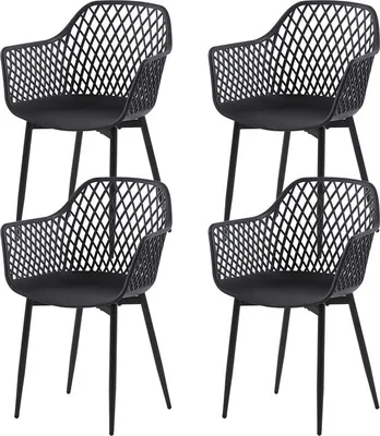 Four black plastic dining chairs are arranged in a two-by-two grid against a white background.