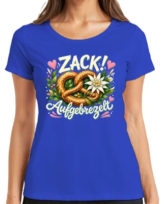 Obrázek produktu pro Zack, tričko s motivem "Aufgebrezelt Brezel", "Edelweiss", "Oktoberfest", "Lederhose", "Dirndl", dámské, modré, velikost M