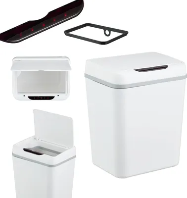 Image de Poubelle pour salle de bain - Avec capteur - 9 litres - Couvercle automatique - Support de sac poubelle - Poubelle pour toilettes - Plastique - Blanc