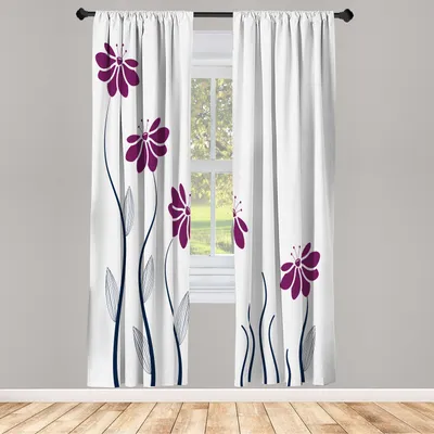 Produktbild von ABAKUHAUS Blume Vorhänge 2 Panel Set für Wohnzimmer Schlafzimmer Nachbildung, Blumenblütenblätter Mit Gestreiften Blättern Und Linien Modern Style Geometrischen Entwurfs Druck, 150 cm x 245 cm, Weiß Aubergine