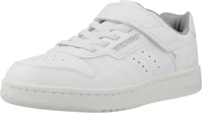 A white sneaker with a velcro strap and laces.