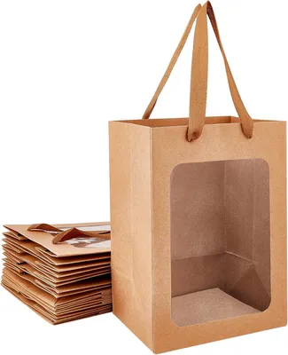 Produktbild von Geschenkverpackung 10 braune Kraftpapier Geschenktüten mit Fenster 25-x-18-x-13-cm Papiertaschen für die Aufbewahrung von Partyartikeln Blumenlagerung Lebensmittelaufbewahrung