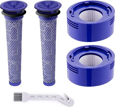 A set of vacuum cleaner filters and a cleaning brush are displayed against a white background.