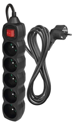 Prodlužovací kabel 3 m / 5 zásuvek / s vypínačem / černý / PVC / 1 mm2